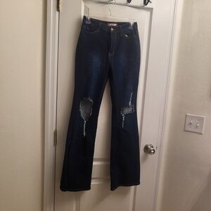 Stylish Dark Blue Flare‎ Jeans with Distressed Details